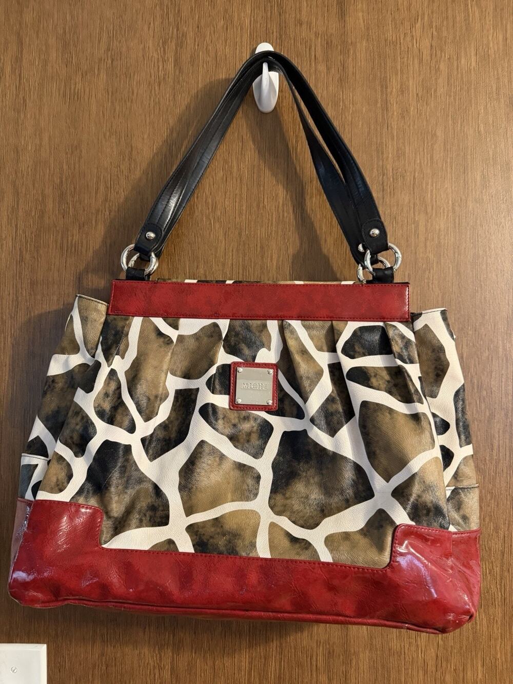 Miche Large Animal Print Faux Leather Tote Shoulder Bag Purse giraffe print red